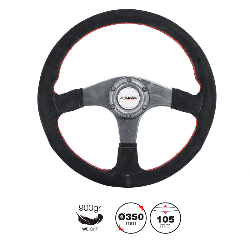 Simoni Racing Universeel Sportstuur Walter - Carbon - Zwart Suède + Rode Stiksels - Diameter 350mm