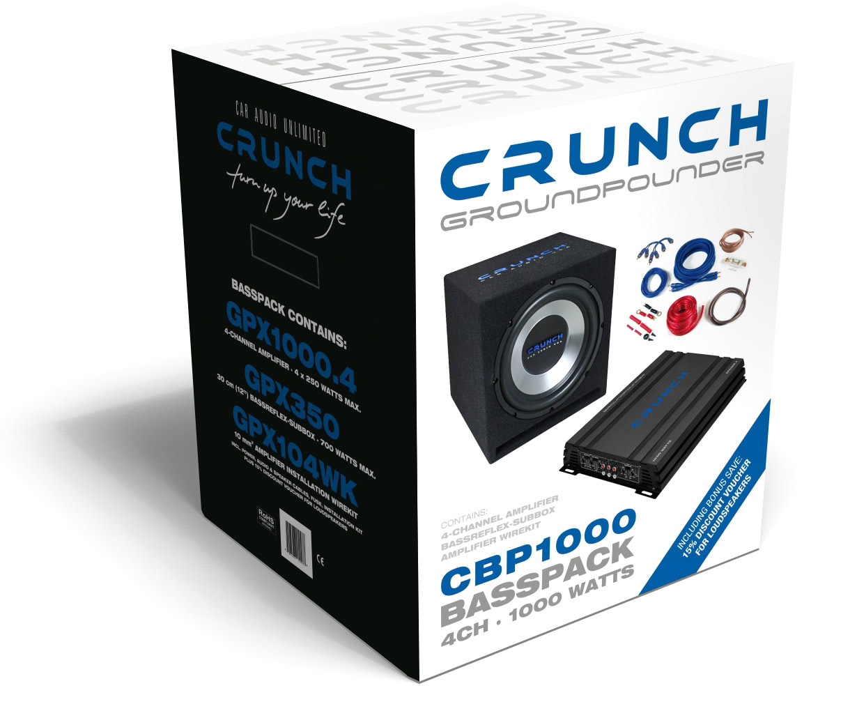 Crunch Bass Pakket CBP1000 – Subwoofer, Versterker & Kabelset
