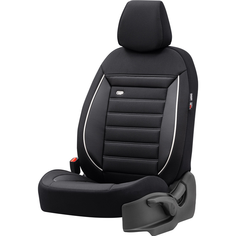 Universele Stoffen Stoelhoezenset 'Prestige' Zwart/Antraciet + Witte rand - 11-delig - geschikt voor Side-Airbags