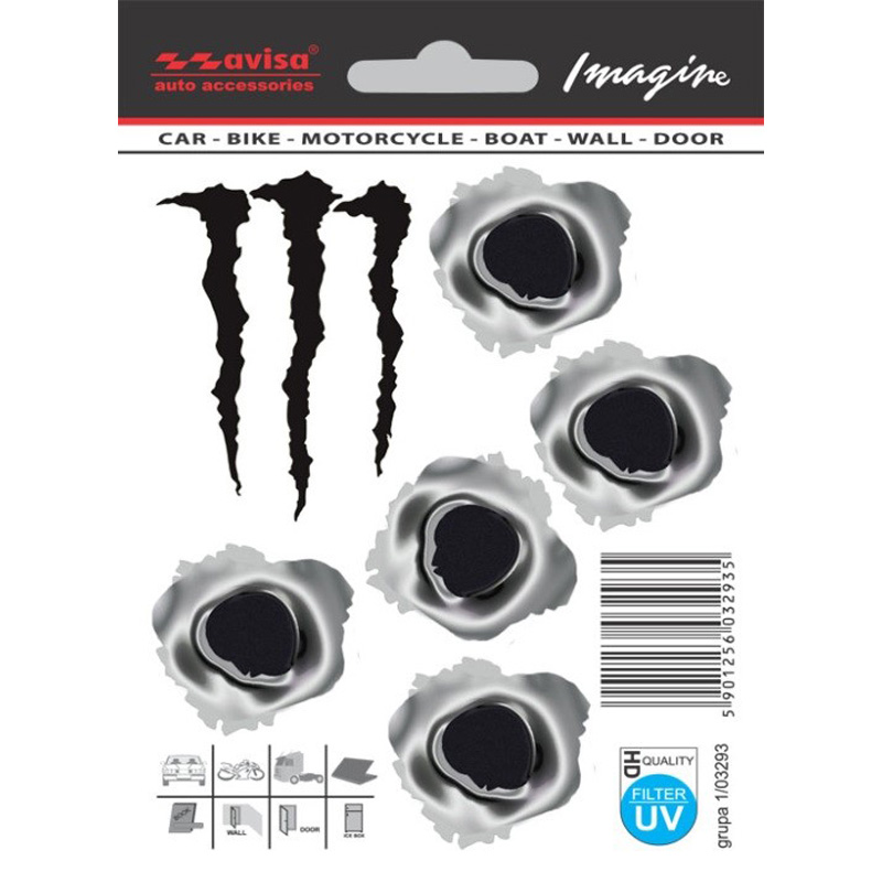 Sticker 5 Bullet Holes 3,5x3x5 cm + Monster 4,5x6.5cm - zwart/metaal