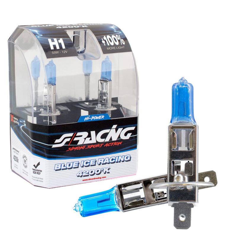 Simoni Racing Halogeen Lampen 'Blue Ice Racing' H1 (4200K) 12V/55W, set à 2 stuks ECE-R37