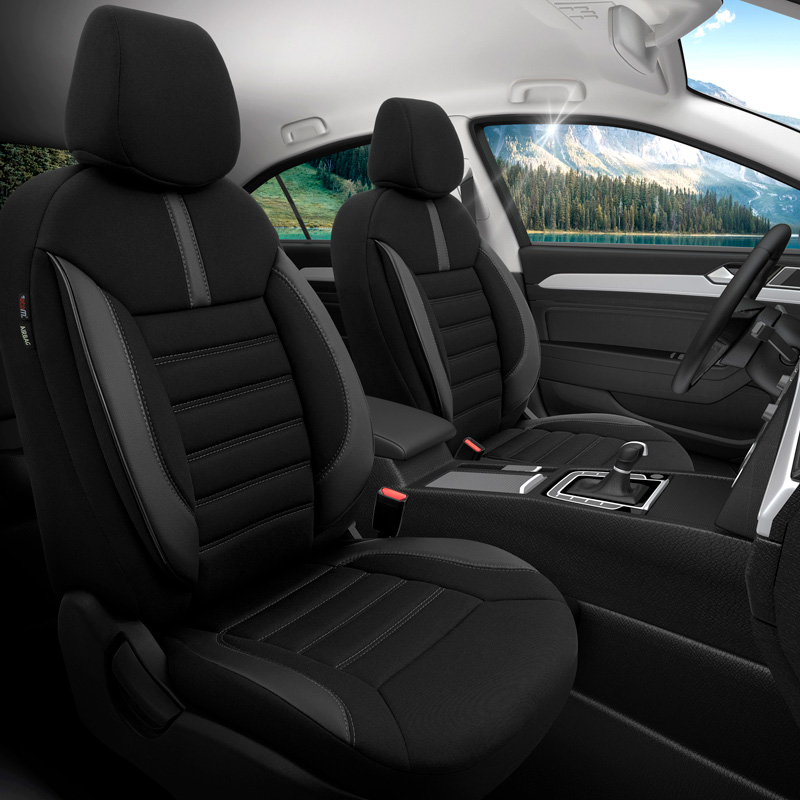 Universele Stoffen/Leder Stoelhoezenset 'Limited' Zwart + Grijze stiksels - 11-delig - geschikt voor Side-Airbags
