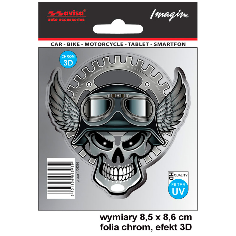 AutoTattoo Sticker Gearwheel Skull 3D Chrome - 8,5 x 8,6 cm