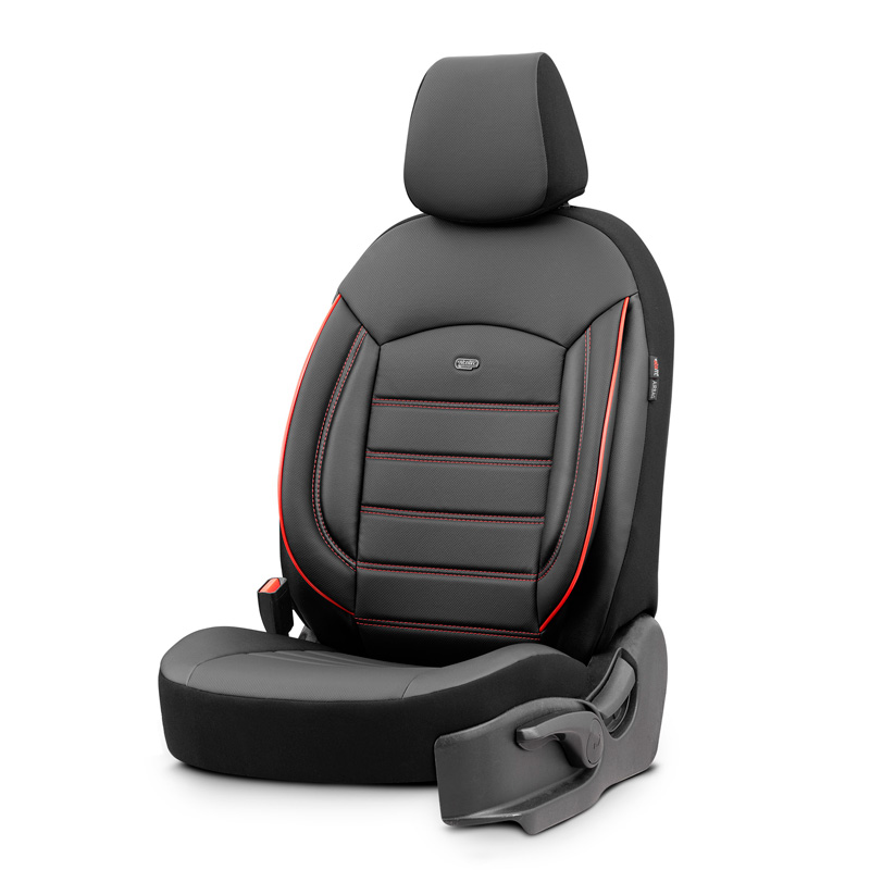 Universele Volleder Stoelhoezenset 'Inspire' Zwart + Rode rand - 11-delig - geschikt voor Side-Airbags
