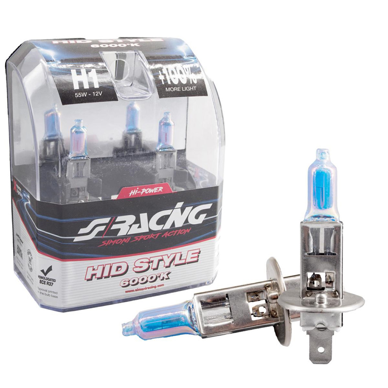 Simoni Racing Halogeen Lampen 'HID Style' H1 (6000K) Hyperwhite 12V/55W, set à 2 stuks ECE-R37