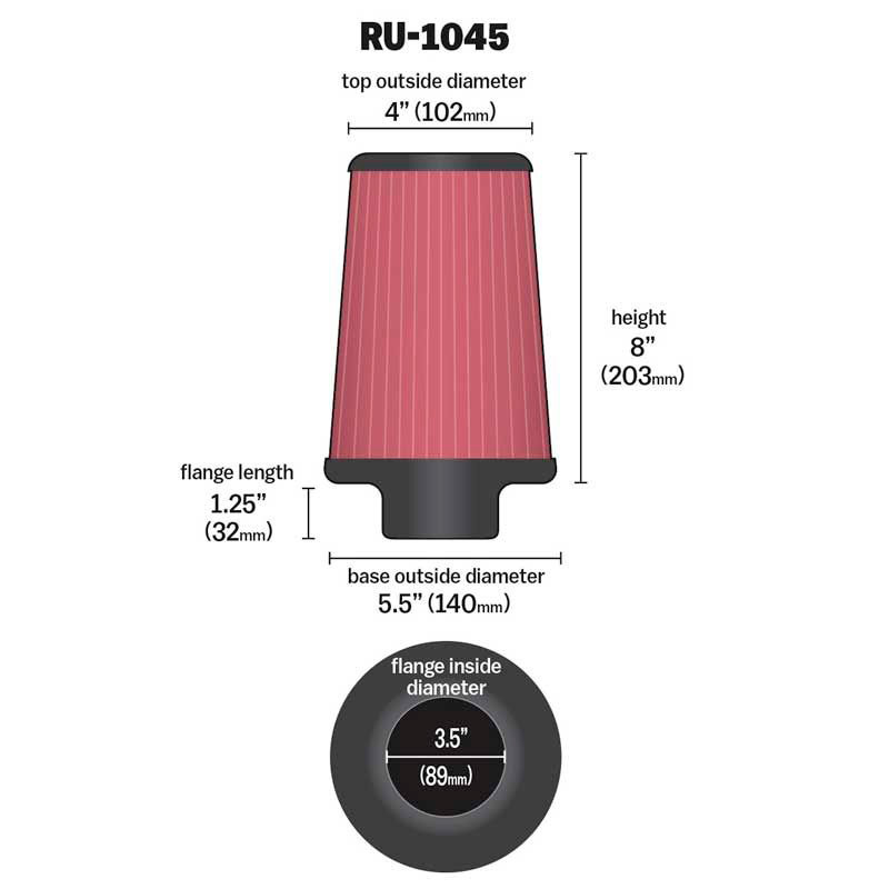 K&N Universeel Luchtfilter Konisch 89mm aansluiting, 140mm onder, 102mm top, 203mm hoogte (RU-1045)