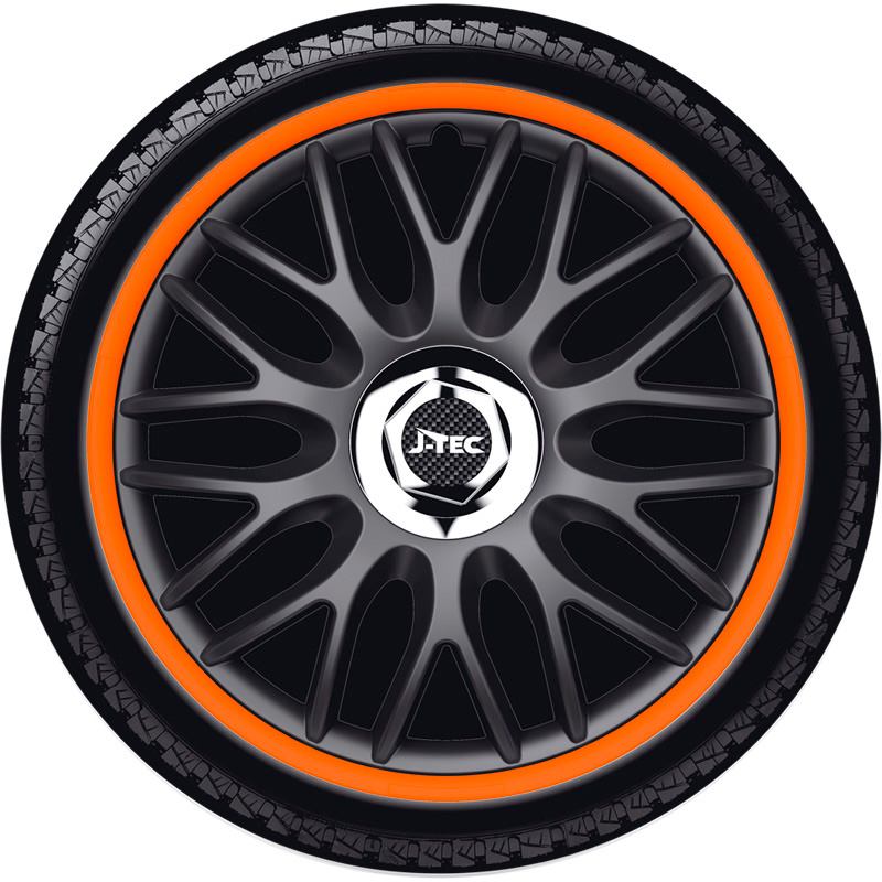 4-Delige J-Tec Wieldoppenset Orden R 14-inch zwart/oranje + chroom ring